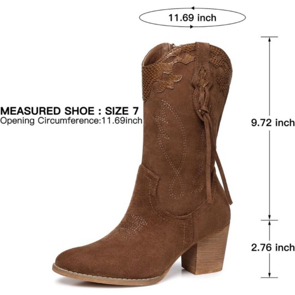 Women's Brown Western Country High Heel Boots Suede Zipper Mid Calf Booties - Picture 6 of 6